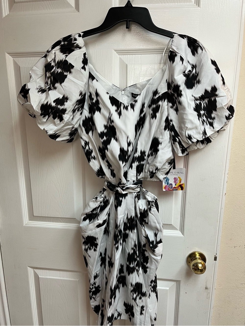 Prabal Gurung Black & White Puff-Sleeve Tie-Waist Midi Dress Size 18W